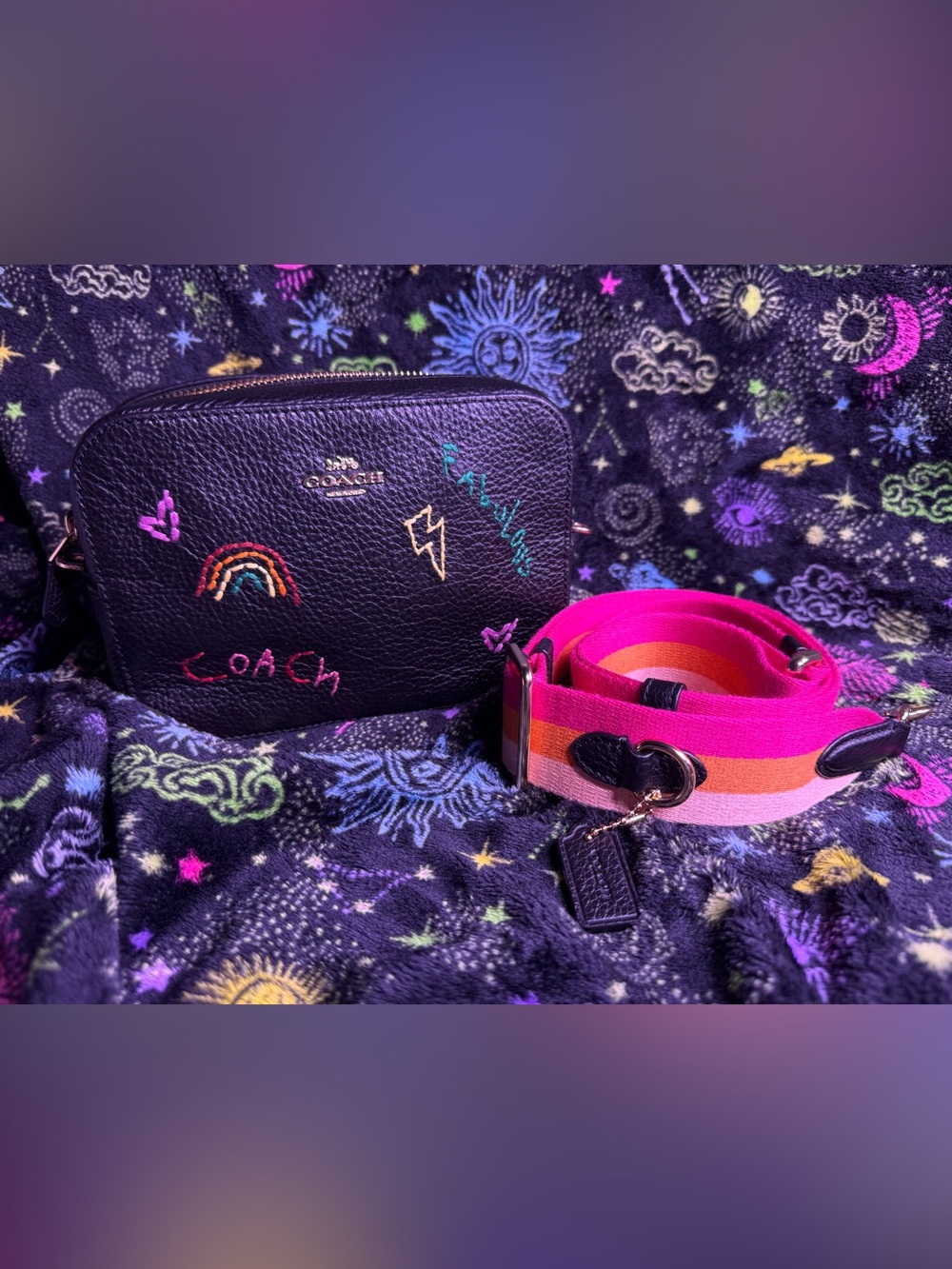 Coach mini camera bag with diary embroidery in black